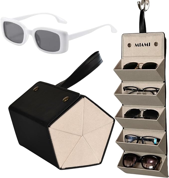 5-Slot Sunglass Travel Case with Bonus Pair of White Retro Sunglasses